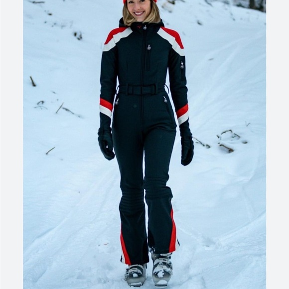 NWT Perfect moment Allos hooded striped ski suit in jet black/red/snow white - Picture 3 of 13